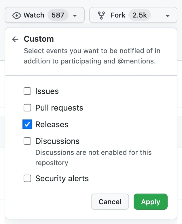 Watch for new tags on GitHub repos